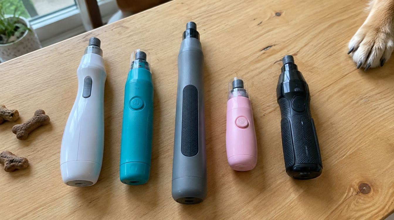 Five different cordless dog nail grinders lined up on a kitchen table